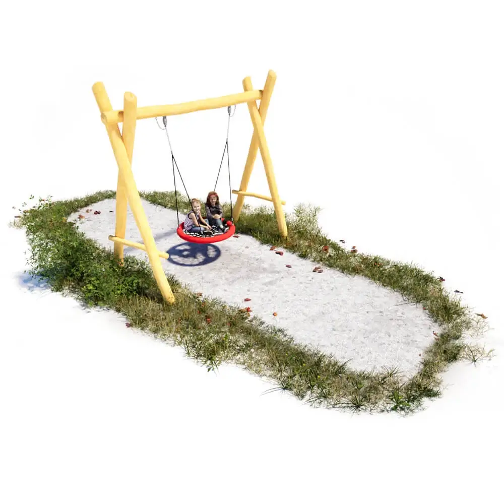 3D-Visualisierung: rote Nestschaukel Ø1m an einem Robiniengerüst