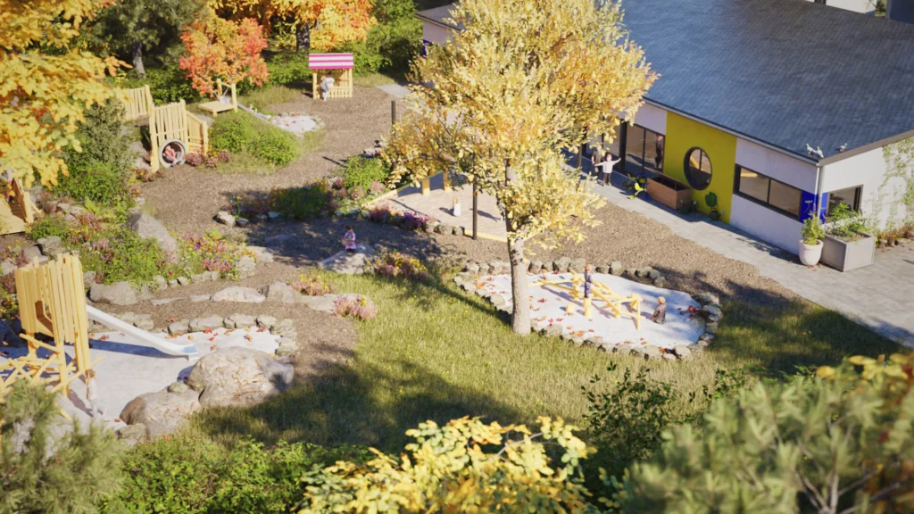 KiTa Außenfläche mit naturnahem Spielplatz Beispiel