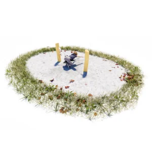 Kleinkinder Bauchschaukel aus einem fast waagrecht abgespannten Riemensitz zwischen zwei niedrigen Robinienpfosten