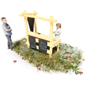 Spielküche Dönerbude im Kebabstand-Stil, Ansicht aus Käufersicht. großer Drehspieß hinter der Theke, unterhalb der Theke zwei Kreidetafeln zum Bemalen und Beschriften