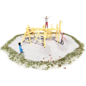 Klettergerüst Faultier aus einem Gewirr aus Robinienstämmen ergänzt mit einer Kletter-Rutschstange, einem Kletternetz udn einigen Halteseilen.