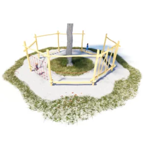 Motorikpfad Achteck: 8 BEwegungsparcours-Stationen kreisförmig angeorndet um einen zentralen, dicken Baum