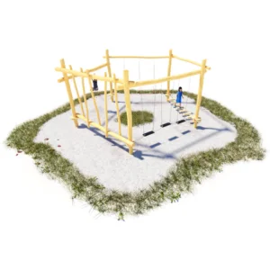 Motorikpfad Fünfeck: ein Rundparcours mit 5, kreisförmig angeordneten Elementen.