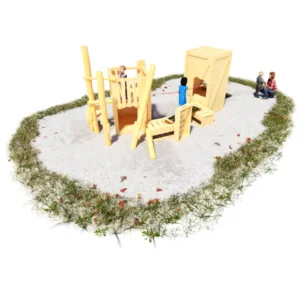 3D-Visualisierung Kleinklinderspielanlage aus Robinie "Kistenlager" aus diversen, abgestellten Transportkisten, Obstkästen und Weinträgern, Stühlen, Biebänken etc