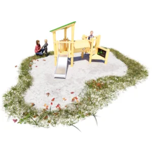 Kleinkind-Spielanlage 3Eck, bestehend aus zwei niedrigen dreieckigen Türmchen. Einer davon mit grünem Pultdach. beide verbunden durch eine Krabbelröhre. Der Turm mit Dach verfügt über eine Rutsche als Ausstieg. der andere Turm ist über ein vorgelagertes Zwischenpodest erreichbar