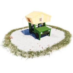 Spielplatz Geländewagen mit Dachzelt, eine Rutschstange führt vom Dachzelt zurück auf den Boden