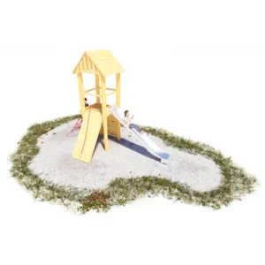 Viereck Spielturm mit Rutsche, Podesthöhe 1,5 m; Seitenlänge ca. 1x1m; Satteldach, Kletternetz, Kletterwand