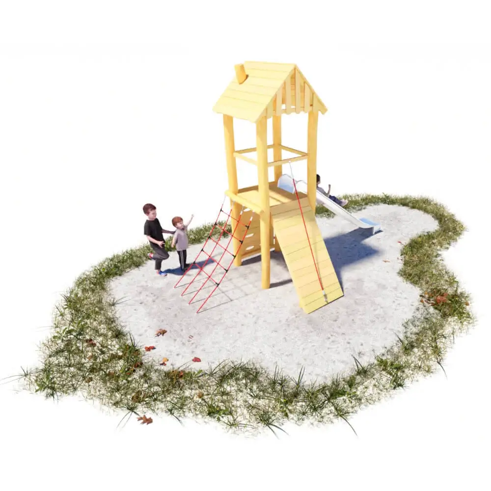 viereckiger Spielturm mit Rutsche, Podesthöhe 1,5 m; Seitenlänge ca. 1x1m; Satteldach, schräges Kletternetz, Kletterwand, schräge Rampe mit Halteseil
