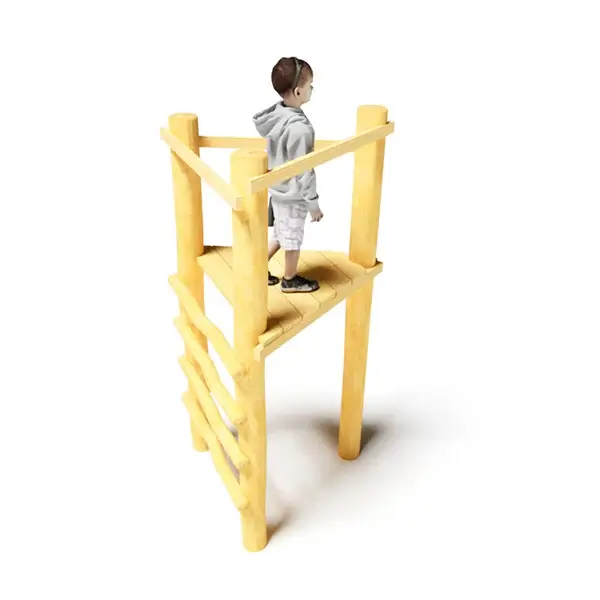 Spielplatzgerät Absturzsicherung Schema: Geländer; ein dreieckiger Spielturm mit Leiter und Plattform in ca 1,5 m Höhe; Geländer aus waagrechten Holzriegeln umlaufend um die Plattform. auf der Plattform steht ein Junge