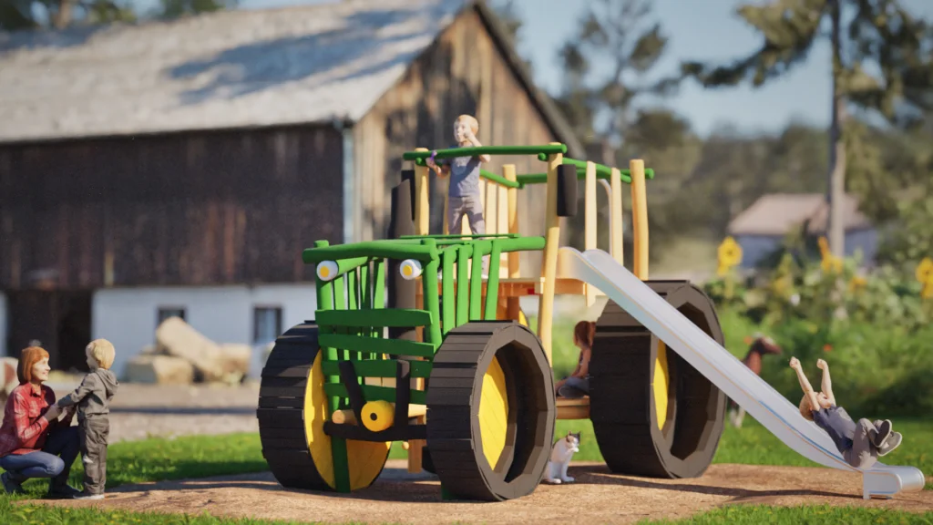 Spielgerät Traktor aus Robinienholz auf einem Ferienbauernhof. Im Hintergrund ein Stallgebäude und ein wildes Blumenbeet mit Sonnenblumen 