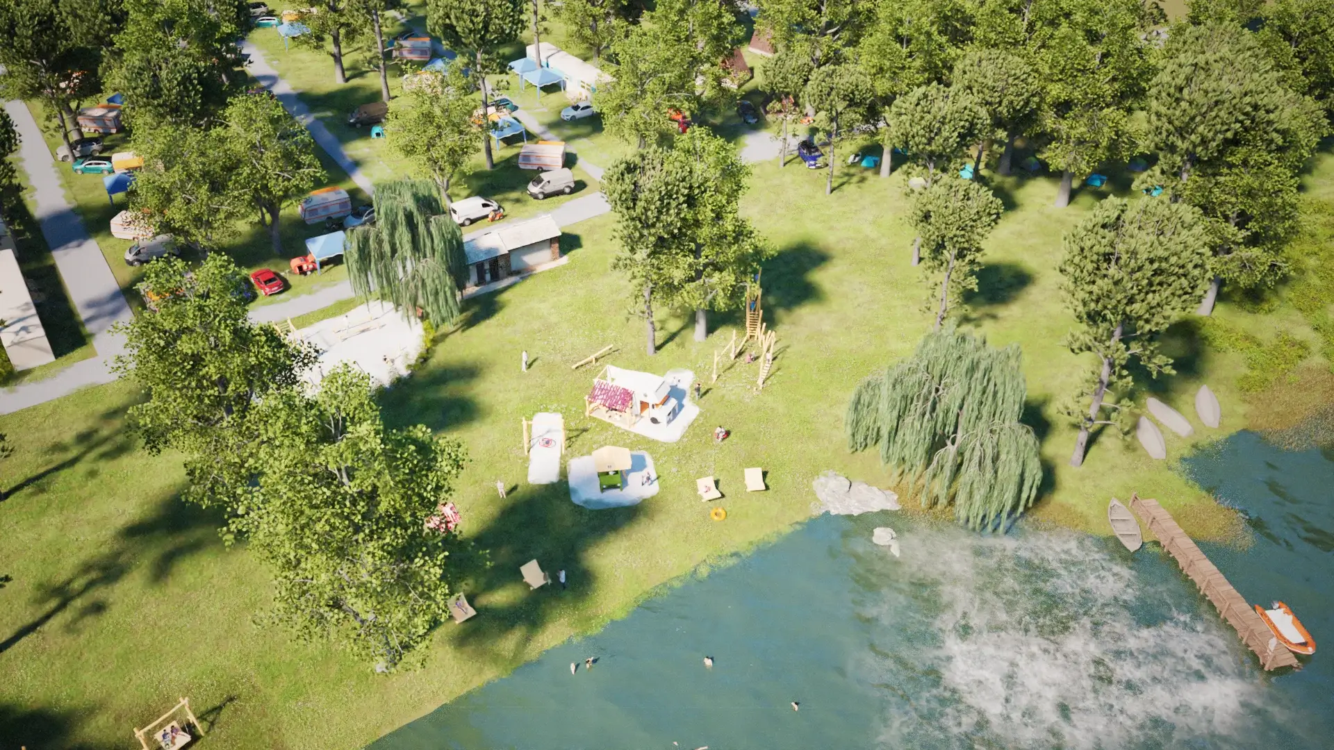 3D-Visualisierung: Vogelperspektive, Blick auf einen Campingplatz an einem See. Im Hintergrund unter Bäumen, Stellplätze belegt mit Wohnwägen, Wohnmobilen und Co. Rechts hinten ein lichtes Waldstück mit vielen verstreuten Zelten darin. Im Vordergrund das Seeufer mit einem Steg. In der Mitte des Bildes ein Strandbad mit einer großen Liegewiese zwischen Stellplätzen und Seeufer. Am Ufer entlang einige große Waldsofas. mittig auf der Wiese eine Gruppe von Spielplatzgeräten aus Robinienholz