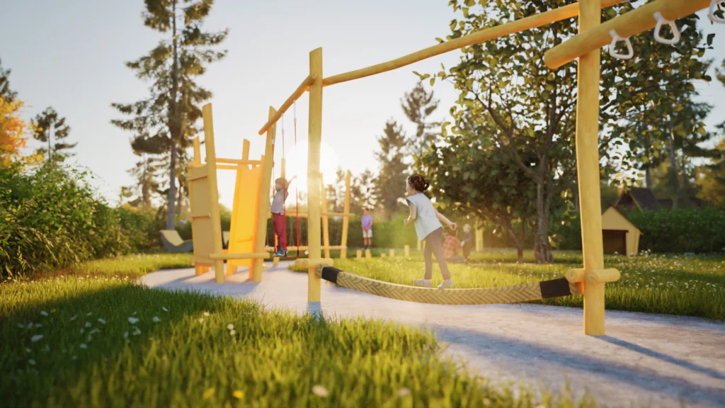 Ludimus Motorikpfad Titelbild mit Mädchen, dass auf einem Balanciertampen über einen Abenteuerpfad spielt