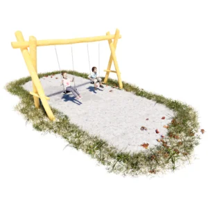 Niedrige Doppelschaukel mit Aufhänghöhe 2 m aus Robinienstämmen.