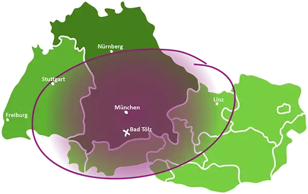 Schematische Karte von Süddeutschland und Österreich mit eingezeichneten Bundesländergrenzen überblendet mit einem Eingegreisten Bereich, der von Ludimus Spielwelten als Kernbereich beliefert wird.