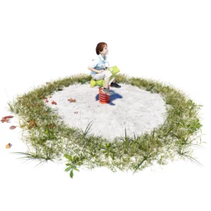 3D-Visualisierung Federwipptier in Form eines grünen Froschs mit roter Schwungfeder. Darauf sitzend ein Kind mit hellem Hemd und dunklen Haaren.