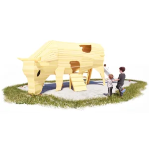 3D-visualisierung eines Spielgeräts aus Robinienholz in Form einer grasenden Kuh. Kinder können seitlich hineinklettern, ebenso wie im Bauch bzw. Euterbereich; eine Rutsche führt aus dem Hintern wieder hinaus