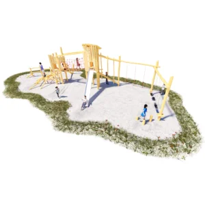 Spielanlage Biberschloss aus Robinienholz mit zwei unterschiedlich hohen Spieltürmen, wild verschlagen, einer davon mit Pultdach. Verbunden sind die Türme durch einen Tampen mit Netzsicherung. Links im Hintergrund dient ein Klettergerüst als Zugang zum niedrigen Turm. Nach vorne kommt eine Rutsche aus dem hohen Turm. Rechts schließen sich einige Motorikpfad-Elemente an den Turm an.