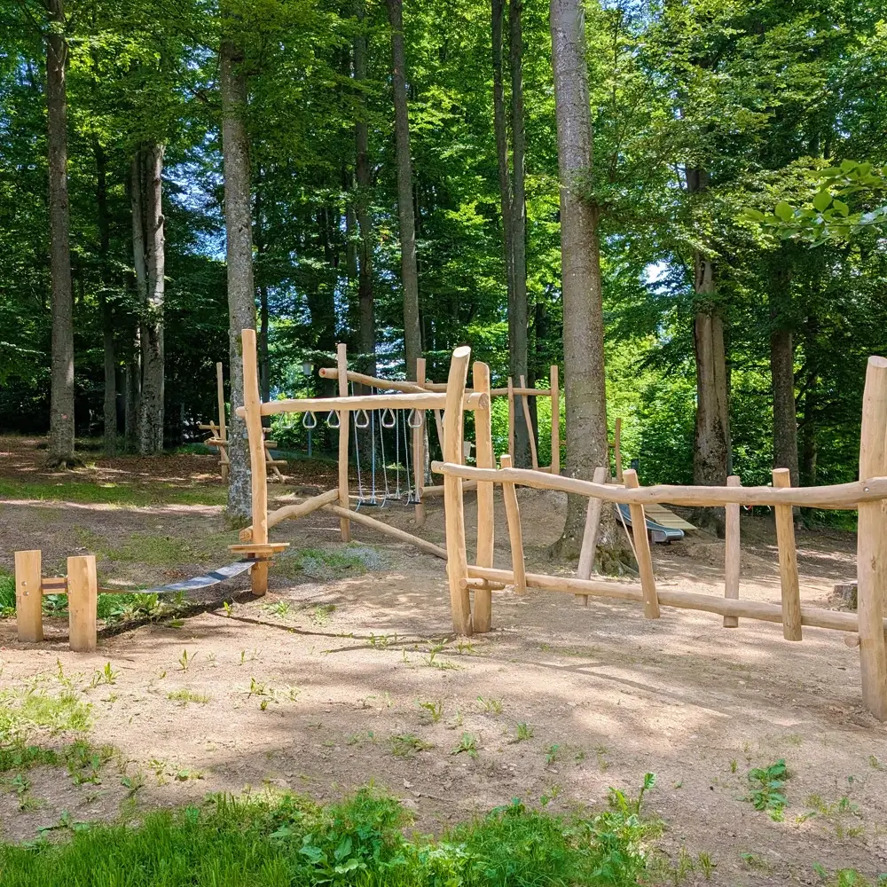 Bewegungsstrecke: Motorikpfad individuell im Waldstück: Zwischen hohen Buchen schlängelt sich ein Robinien-Abenteuerpfad mit verschiedenen Spiel-, Balance- und Kletterelementen. Etwas Sonnenlicht fällt auf das erste Element im Vordergrund: eine Balancierstrecke aus einer wackeligen Gummimatte