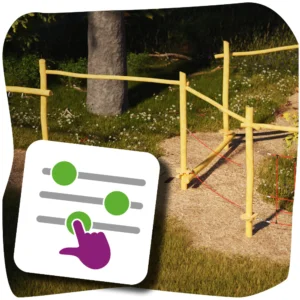 Gerenderte Ansicht eines Motroikpfad individuell in einem Waldstück auf Hackschnitzelboden. Das Ganze teilweise überblendet mit einem Symbol für Individualisierbarkeit ( 3 Schieberegler mit grünen schiebern und einer Hand, die einen der Regler verstellt)