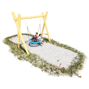 Nestschaukel Durchmesser 120 cm mit blauem Rand und schwarzem Innennetz an einem Robiniengerüst.