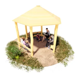 Ansicht eines sechseckigen Pavillons aus Robinie. 4 Seiten haben einfache Bänke mit Lehnen mit sitzenden Kindern und zwei Betreuerinen darauf.