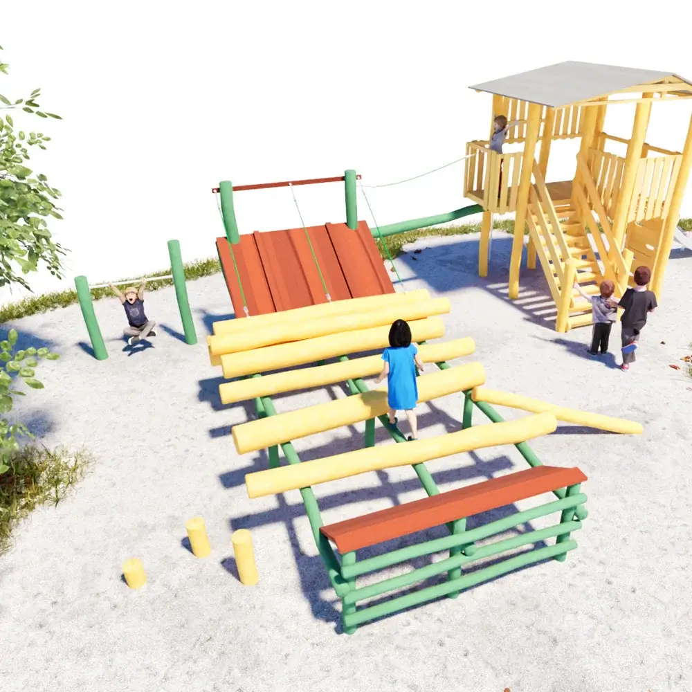 Baumstalllagerplatz eines Sägewerks als Kletter- und Spielanlage mit rostfarbigen Stammrutschen, Kontrollhäuschen, Hangelseile, Reck und Rutsche