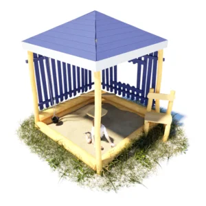 Sand-Pavillon: Überdachter, quadratischer Sandkasten im Look eines rechteckigen Camping-Pavillons aus Robinienholz. Zwei Rückwände teilgeschlossen, Dach und Wände blau lasiert. kleines Tischlei in der Mitte des Sandkastens, Sandaufzug an einem Standpfosten, Stuhl aus Robinienholz halb im Sandkasten, halb außerhalb an einem anderen Eck