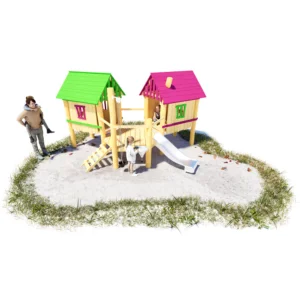 Komplettansicht auf Spielanlage für Kleinkinder "Pfahlhausgruppe". Zwei erhöhte Häuschen schließen an eine zentrale, hexagonale Plattform an. Dächer und Fensterrahmen der Hauser unterschiedlich farblich hervorgehoben. An der Plattform: kurze Rampe links, dann an einem Standpfosten ein Sandaufzug mit Eimer an Kette, daneben ein Sandtrichter am nächsten Pfosten, rechts eine Bockrutsche aus Edelstahl
