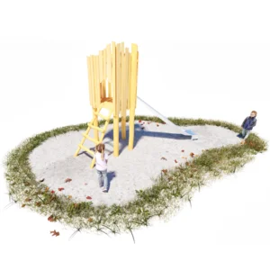 wilder Spielplatzturm "Außenposten" aus Robinienholz mit Zustiegsleiter und Rutsche aus Edelstahl