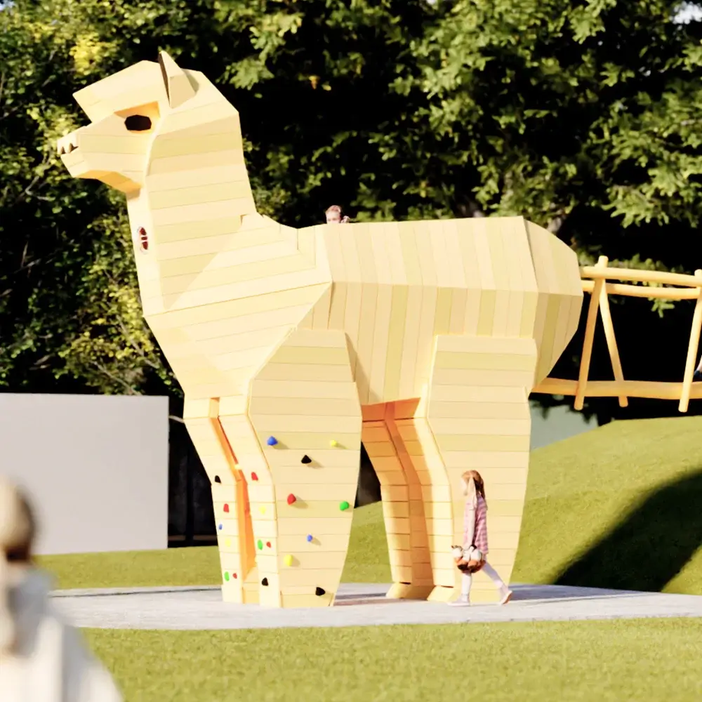 virtuelle 3D-Szene des Spielgeräts Alpaka auf einer Wiese neben einer Böschung. Anstelle der Rutsche führt eine Balancierbrücke vom Hinterteil des Tiers zum Hang