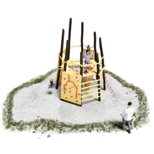 Spielturm aus Robinienholz, thematisiert als Vulkan. schwarze, leicht schräge gestellte Standpfosten, innenliegend ein umlaufender Steg um den Krater. Im Krater ein rotes Kletternetz als Aufstieg. an allen 8 Außenseiten verschiedene Auf- und Abstiege. hier Seite Kletterwand im Vordergrund. AUf der Kletterwand befinden sich vereinzelte rote Klettergriffe und ein verästeltes Griff-Gebilde in Orange, das austretende Lava darstellt