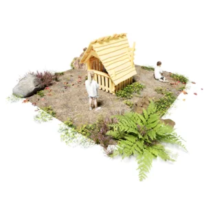 Robinienspielhaus Waldhütte: krummes und wildes Spielhaus aus Robinienholz Ansicht von Hinten-Rechts