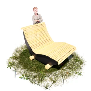 3D-Rendering, Ansicht von Vorne einer Outdoor-Liege Bergblick mit Stahlwangen; auf gefrästem Rundholz ruhend, ergonomisch geformt und eher aufrechter Sitzposition; Breite 120 cm