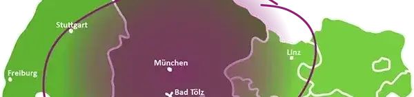 Schematische Karte von Süddeutschland und Österreich mit eingezeichneten Bundesländergrenzen überblendet mit einem Eingegreisten Bereich, der von Ludimus Spielwelten als Kernbereich beliefert wird.