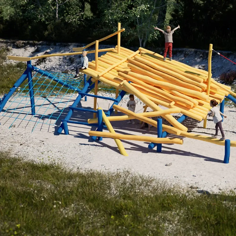 3D-Konzept-Rendering der Spielanlage Isarfloss mit Holzladung auf Fallschutzkies von Wiese umgeben nahe einer ehemaligen Flussböschung