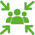 Icon treffpunkt: 3 Stilisierte Personen von jeder Richtung zeigt ein Pfeil nach innen
